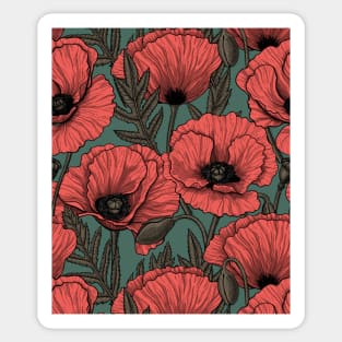 Poppy garden in coral, brown and pine green Sticker